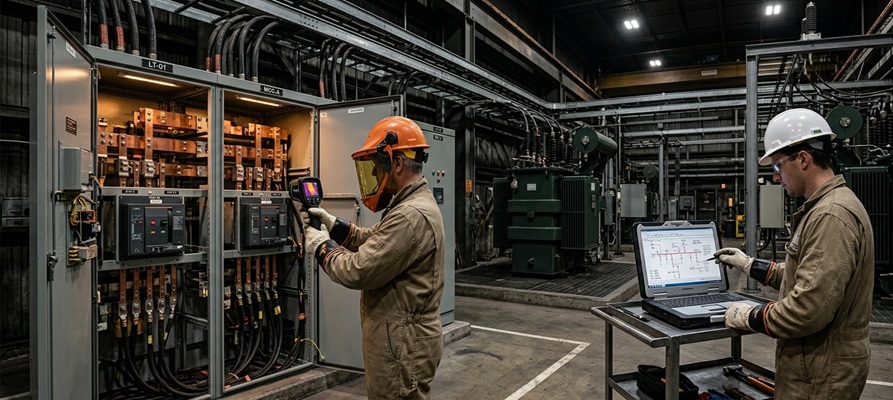 Engineer inspecting electrical switchgear panel during failure investigation